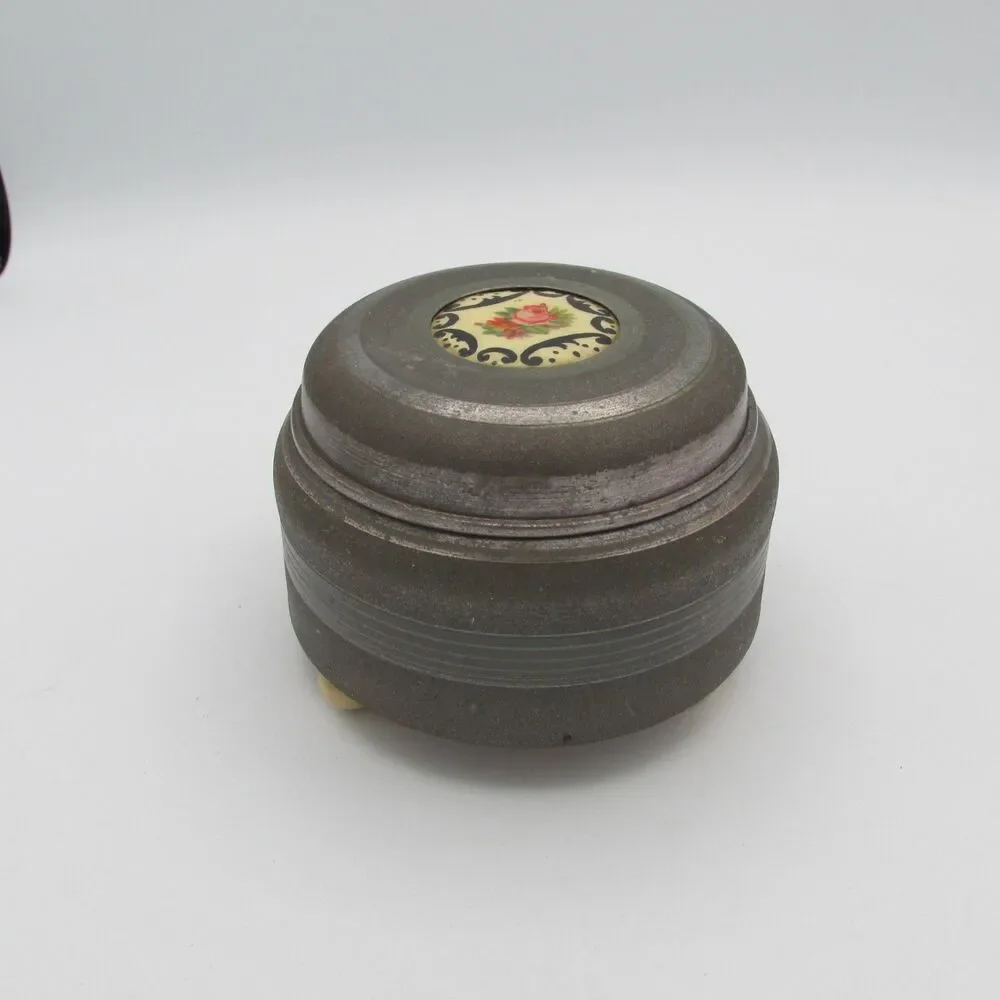 Aluminum Round Vanity with Powder Puff Music Trinket Box Works Victorian Style